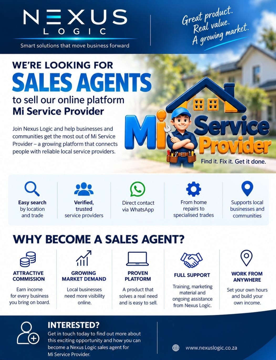 Nexus Logic is looking for sales agents to sell Mi Service Provider. Tap to find out more and apply.